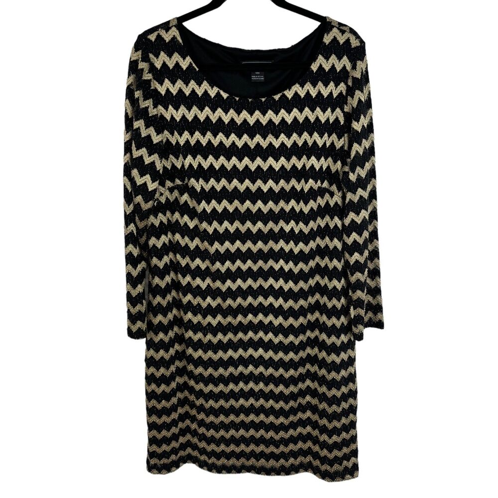 Jessica Howard Shift Dress Size 18W Black/Gold Chevron Print Lined Long Sleeves